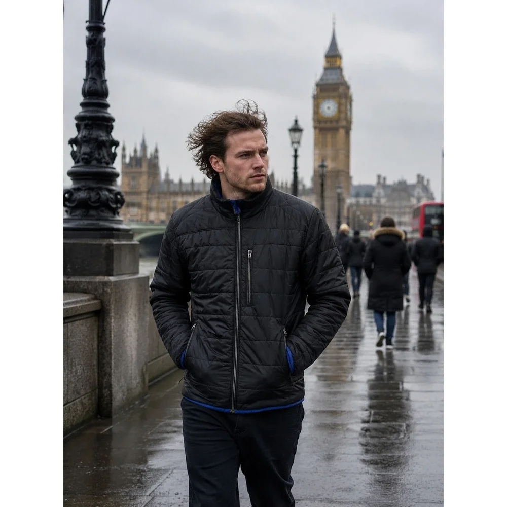 Lands' End Mens Large PrimaLoft Quilted Puffer Jacket Black Insulated Full Zip